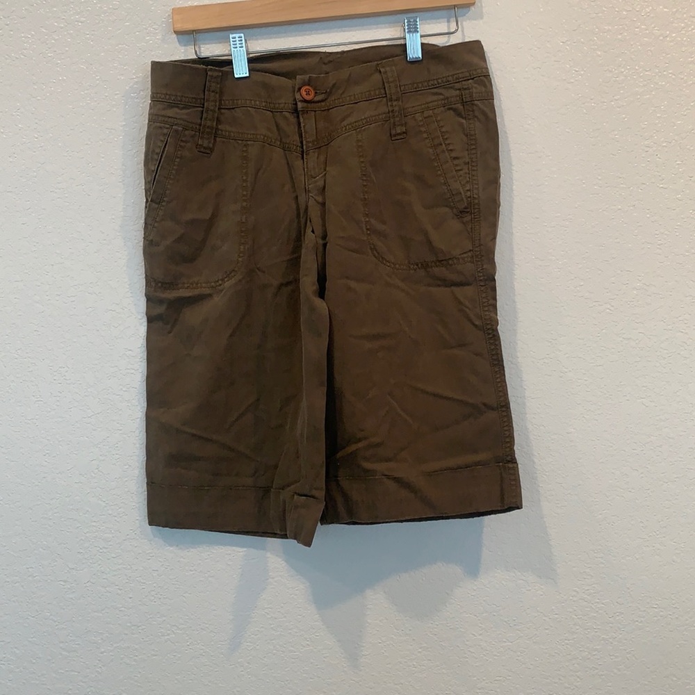 Olive green, lyocell fabric shorts- Bermuda length. Size 5. Rubbish.